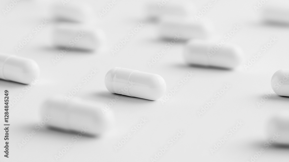 pristine white oblong pills on a minimalist white background, symbolizing modern medicine, health, and well-being pristine white oblong pills on a minimalist white background, symbolizing modern medicine, health, and well-being