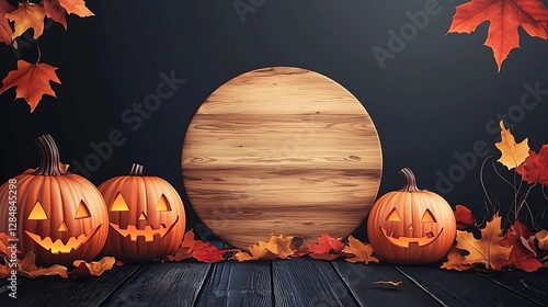Halloween round sign mockup with pumpkins and fallen leaves on dark background. Wooden board with autumn holiday decoration with copy space. Generated AI.