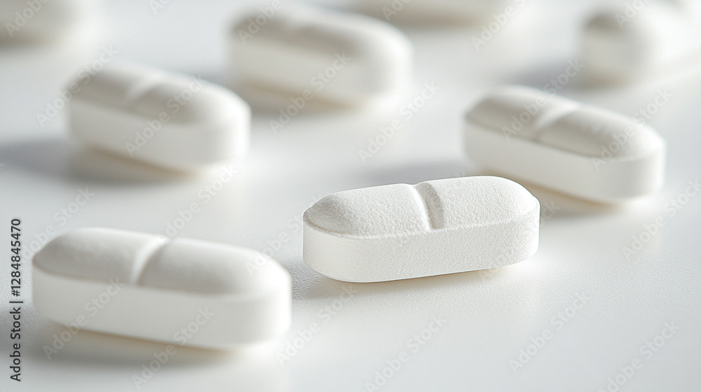 pristine white oblong pills on a minimalist white background, symbolizing modern medicine, health, and well-being pristine white oblong pills on a minimalist white background, symbolizing modern medicine, health, and well-being