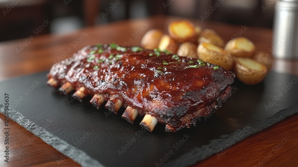 Delicious BBQ ribs with roasted potatoes on a slate plate in a restaurant Delicious BBQ ribs with roasted potatoes on a slate plate in a restaurant