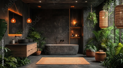 Wallpaper Mural Dark, tropical bathroom interior with plants, bathtub, and vanity.  Use for home design, interior design magazines, or online real estate displays Torontodigital.ca
