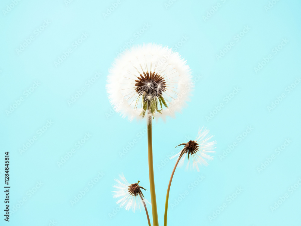 three dandelion clocks on a pastel blue background three dandelion clocks on a pastel blue background