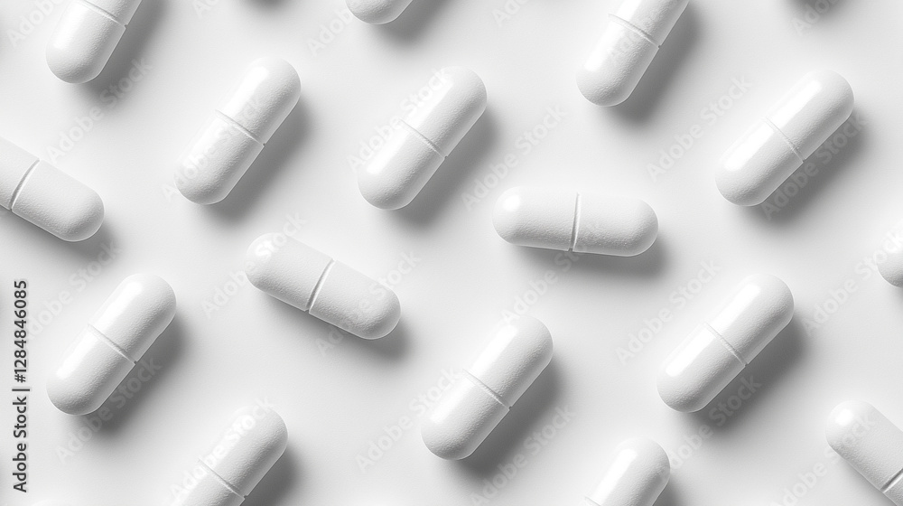 pristine white oblong pills on a minimalist white background, symbolizing modern medicine, health, and well-being pristine white oblong pills on a minimalist white background, symbolizing modern medicine, health, and well-being