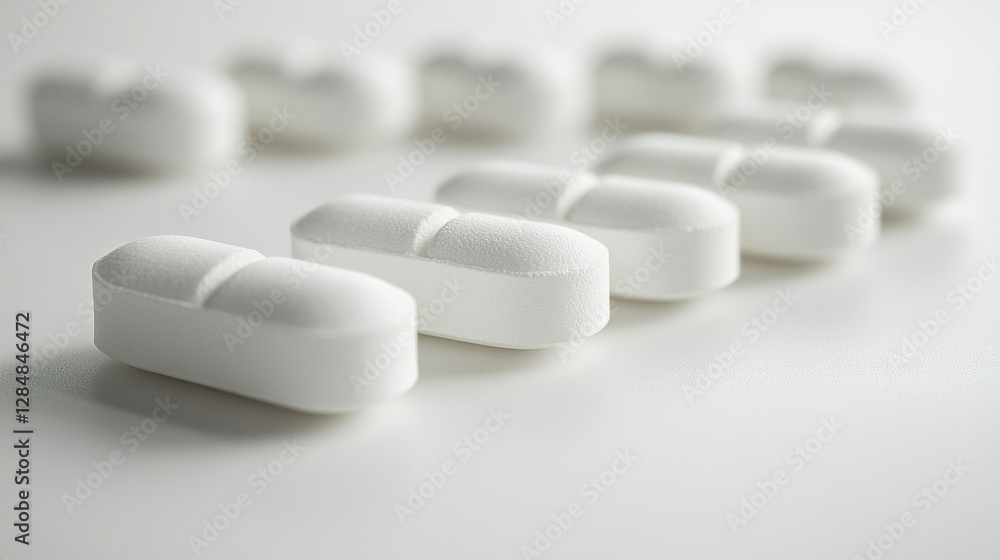 pristine white oblong pills on a minimalist white background, symbolizing modern medicine, health, and well-being pristine white oblong pills on a minimalist white background, symbolizing modern medicine, health, and well-being