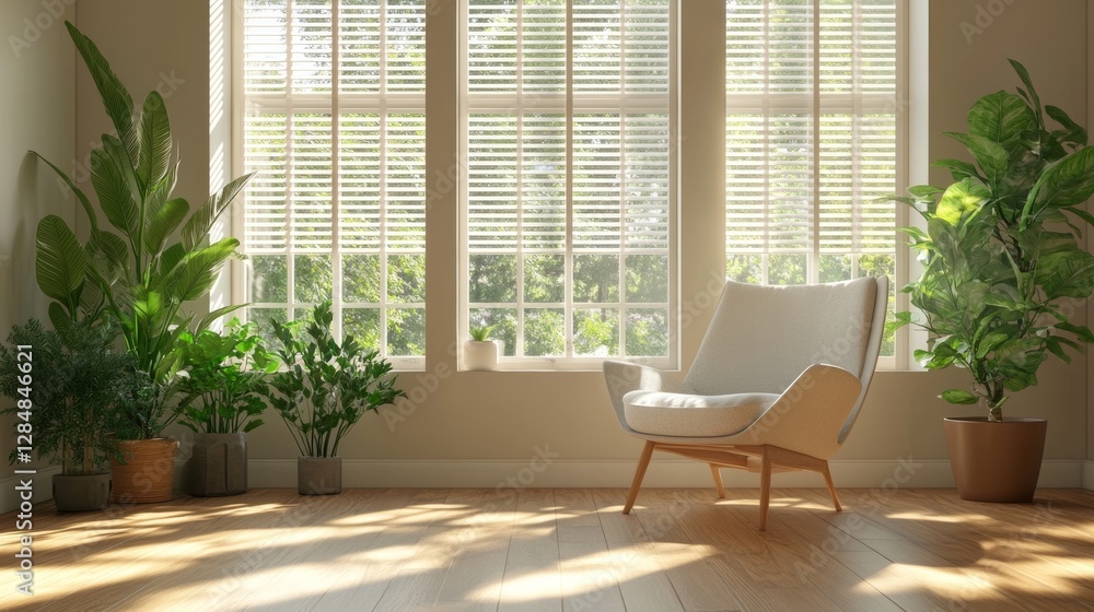 Fototapeta premium A comfortable reading area bathed in warm, golden light. A fashionable mid-century modern armchair rests beside a large window with blinds. Vibrant green tropical plants in ceramic pots surround the