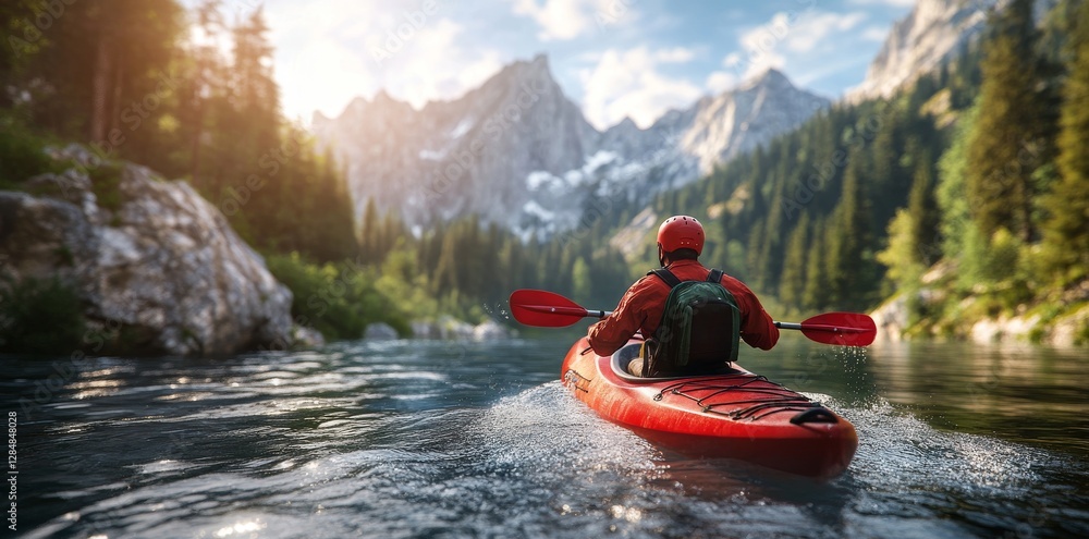Obraz premium A kayak for adventures sails on a mountain river under sunlight. Concept banner for extreme sports like rafting and whitewater kayaking. Stock image