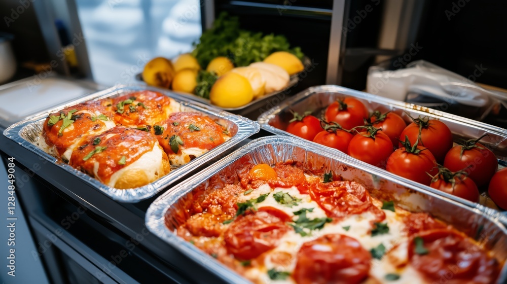 Obraz premium Freshly Baked Italian Dishes with Tomatoes and Herbs in a Catering Tray