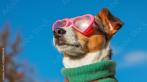 Stylish Dog Wearing Heart-Shaped Sunglasses and a Green Sweater Under a Blue Sky photo