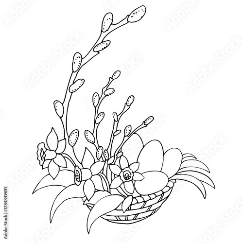 Easter egg basket with flowers willow branches and colored eggs