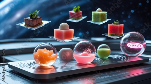 Wallpaper Mural Zero-Gravity Gourmet: A Futuristic Space Station Feast with Levitating Food Cubes and Glowing Drinks Torontodigital.ca