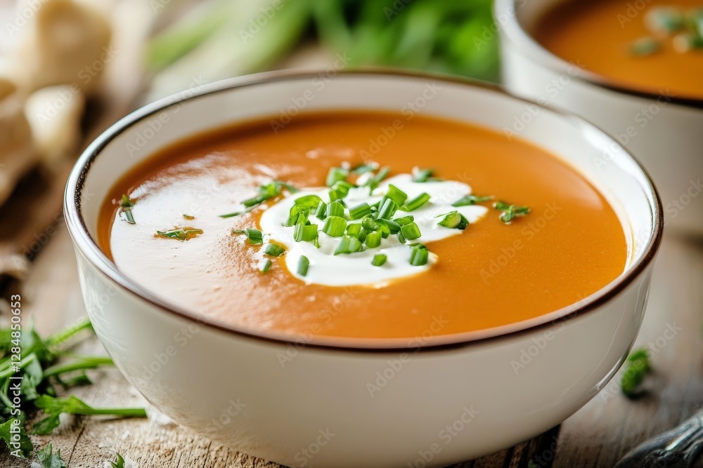 Lobster bisque served in a white porcelain bowl, garnished with a swirl of cream and fresh chives, Lobster bisque served in a white porcelain bowl, garnished with a swirl of cream and fresh chives,