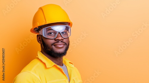 Smiling Construction Worker in Safety Goggles and Yellow Uniform – Professional Builder Wearing Protective Gear with a Hard Hat photo