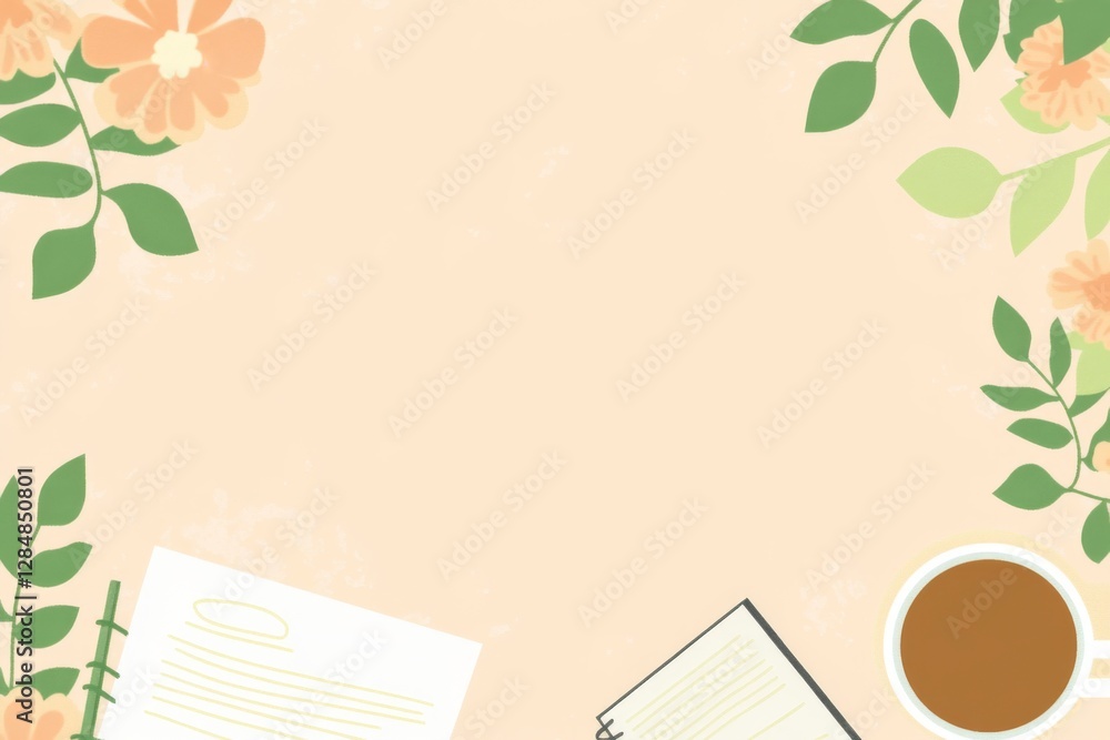 Fototapeta premium A cozy workspace featuring a cup of coffee, notes, and floral decorations, creating a tranquil setting for inspiration and focus. Generative AI