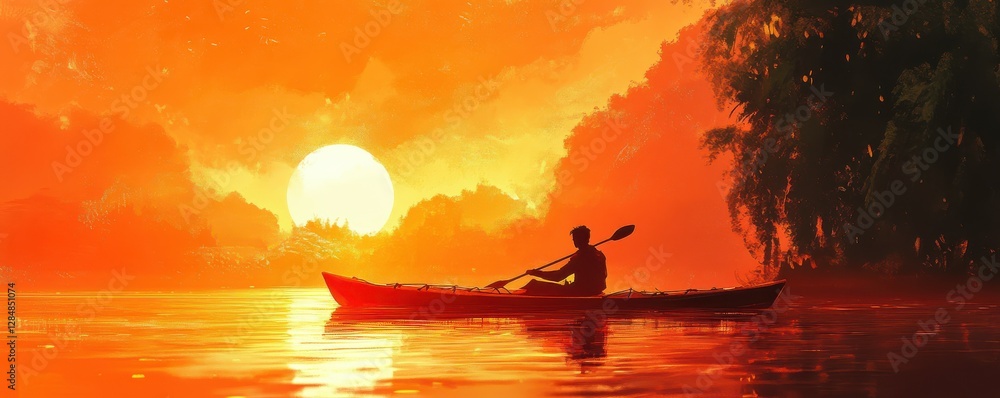Silhouette of a person canoeing on a lake at sunrise with vibrant orange sky and reflective water Silhouette of a person canoeing on a lake at sunrise with vibrant orange sky and reflective water