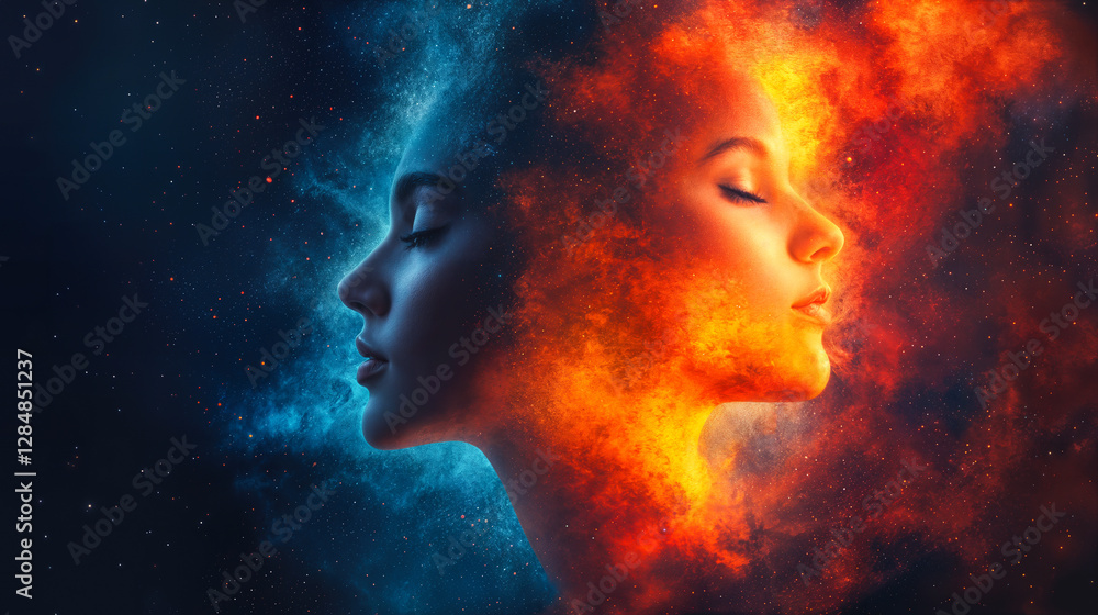 Surreal Duality of Fire and Water Portrait in Vibrant Cosmos Explores Themes of Creativity and Instant Feedback Mechanisms Surreal Duality of Fire and Water Portrait in Vibrant Cosmos Explores Themes of Creativity and Instant Feedback Mechanisms