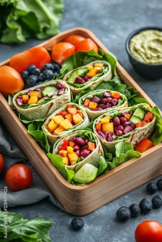 Lunch box filled with colorful vegetarian wraps, fresh fruits, and a small container of hummus, photo