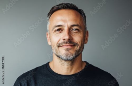 A cheerful, attractive young man in a casual outfit smiles at the camera, standing against a grey background, with space left for your design work