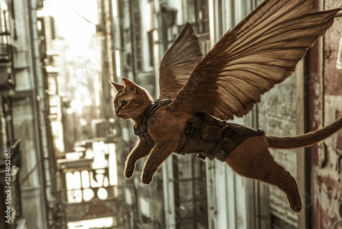 A brown cat with large wings glides effortlessly between towering buildings, showcasing a fantastical urban adventure in daylight. Generative AI