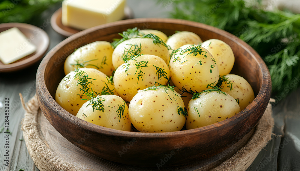 Serving of the boiled young potatoes sprinkled with chopped fresh dill and green vegetable salad, butter piece and bunch of dill on a saucer separately on a rustic table, view when panning Serving of the boiled young potatoes sprinkled with chopped fresh dill and green vegetable salad, butter piece and bunch of dill on a saucer separately on a rustic table, view when panning
