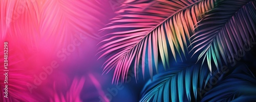 Vibrant abstract palm leaves in neon colors with soft focus and dynamic lighting