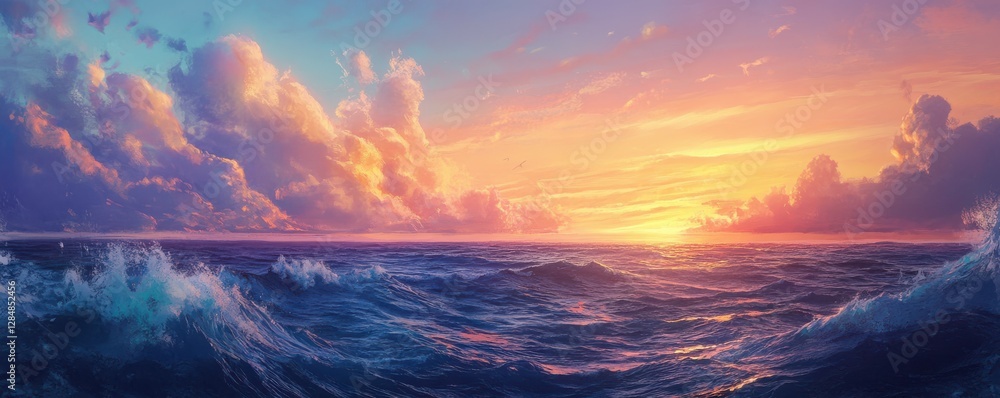 Fototapeta premium Vibrant ocean waves at sunset with dramatic clouds in a colorful sky