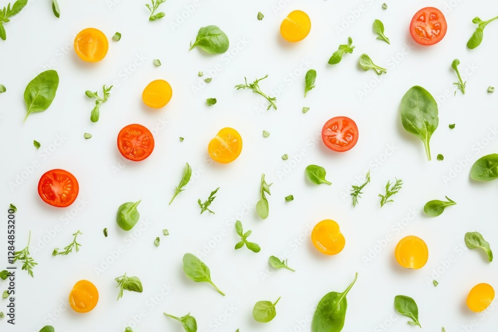 Various cherry tomatoes in red and yellow colors are scattered among fresh leafy greens and herbs on a flat white surface. Generative AI Various cherry tomatoes in red and yellow colors are scattered among fresh leafy greens and herbs on a flat white surface. Generative AI