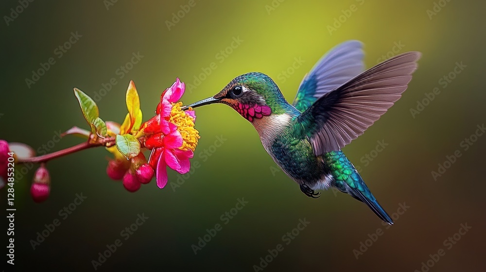 Fototapeta premium Vibrant hummingbird feeding on blossom in garden setting