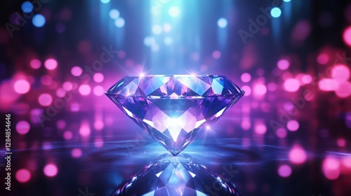 abstract background with neon lights of blue white pink violet colors glowing on shiny diamond on shiny reflecting stage