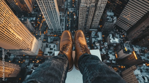 A high aerial view from a ledge, showing a bustling city below from the perspective of brown boots