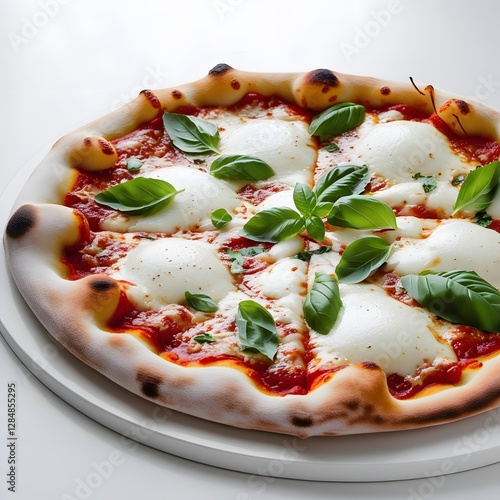 A freshly baked, steaming hot pizza placed on a clean, white table, with a smooth, glossy crust, generous helpings of melted mozzarella cheese, and a sprinkle of fresh basil leaves, against a stark wh