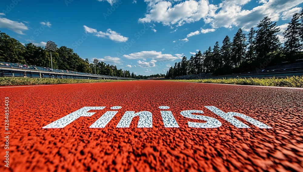 Obraz premium Finished line on a red running track in a stadium with the word finish written in white