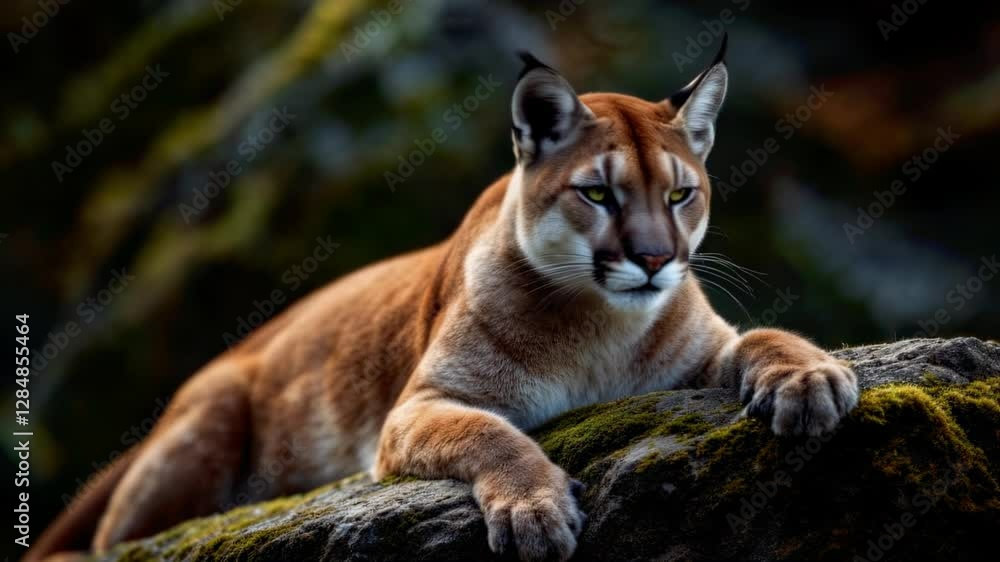 Majestic Cougar Resting on a Mossy Rock in the Wilderness Majestic Cougar Resting on a Mossy Rock in the Wilderness