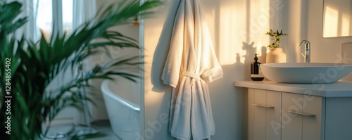 Serene modern bathroom with sunlit white robe and minimalist decor