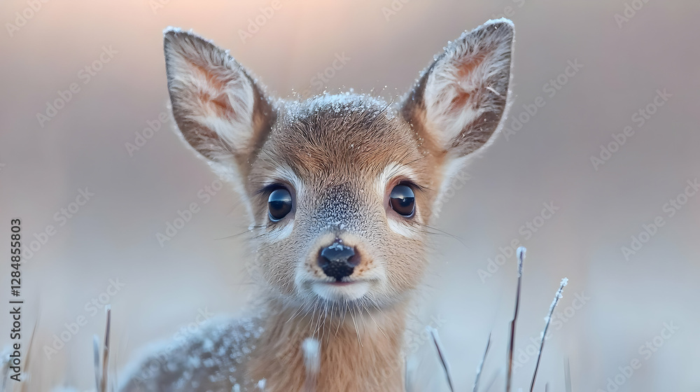 Fototapeta premium Fawn in frosty field, winter sunrise. Wildlife photo for nature calendar