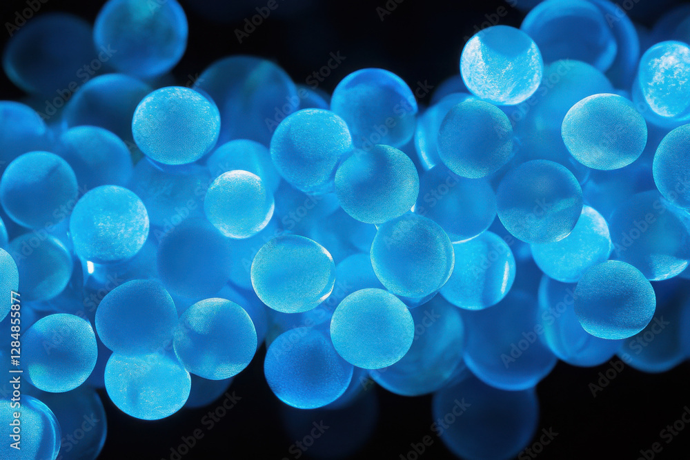 Abstract close-up of glowing blue spheres creating a futuristic and mesmerizing visual effect against a dark background. Abstract close-up of glowing blue spheres creating a futuristic and mesmerizing visual effect against a dark background.
