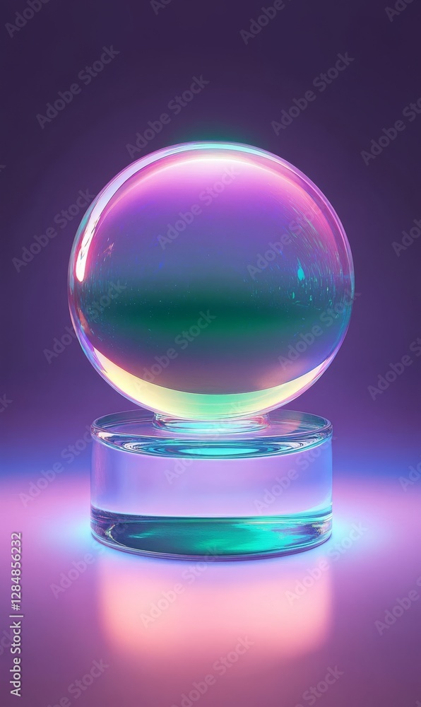 A shining sphere lies on a green base, merging purple and green colors around it. The gradient lighting results in a captivating visual display A shining sphere lies on a green base, merging purple and green colors around it. The gradient lighting results in a captivating visual display