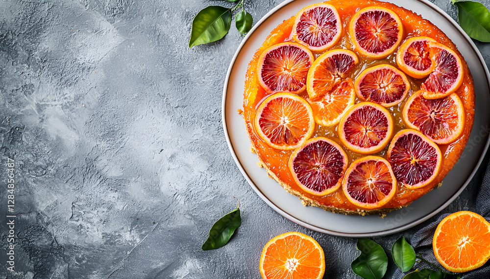 Orange Upside Down Cake on grey background, copy space. Homemade cake with bloody oranges, citrus fruits Orange Upside Down Cake on grey background, copy space. Homemade cake with bloody oranges, citrus fruits