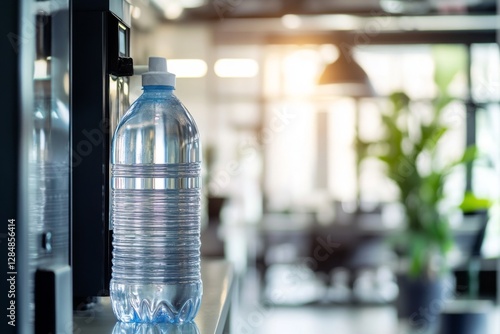 Fototapeta Naklejka Na Ścianę i Meble -  A clear water bottle sits on a countertop in a bright, modern office space filled with plants and natural light. Generative AI
