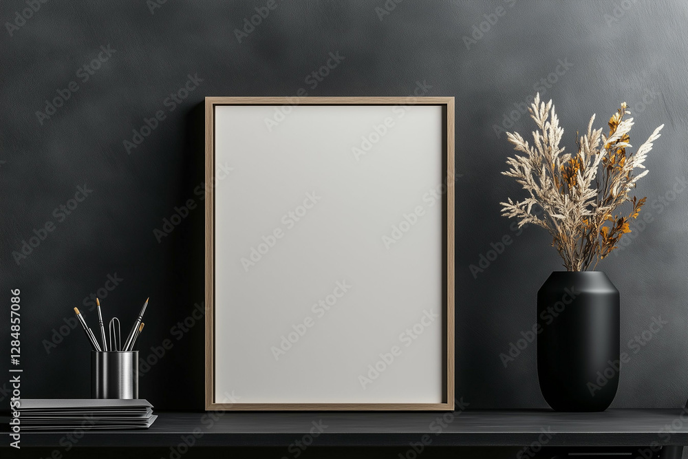 Framed picture with vase and pencils on the table. Home decor with interior design on the dark background Framed picture with vase and pencils on the table. Home decor with interior design on the dark background