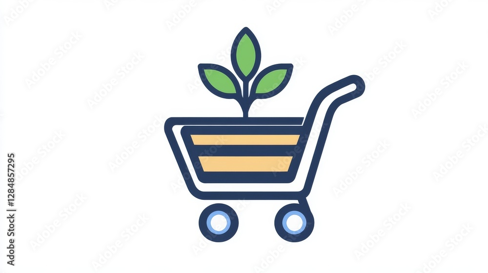 An artistic shopping cart with a sprouting plant is surrounded by basic plants and clouds, symbolizing sustainable shopping. The design employs gentle blues and greens An artistic shopping cart with a sprouting plant is surrounded by basic plants and clouds, symbolizing sustainable shopping. The design employs gentle blues and greens