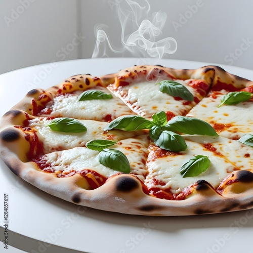 A freshly baked, steaming hot pizza placed on a clean, white table, with a smooth, glossy crust, generous helpings of melted mozzarella cheese, and a sprinkle of fresh basil leaves, against a stark wh