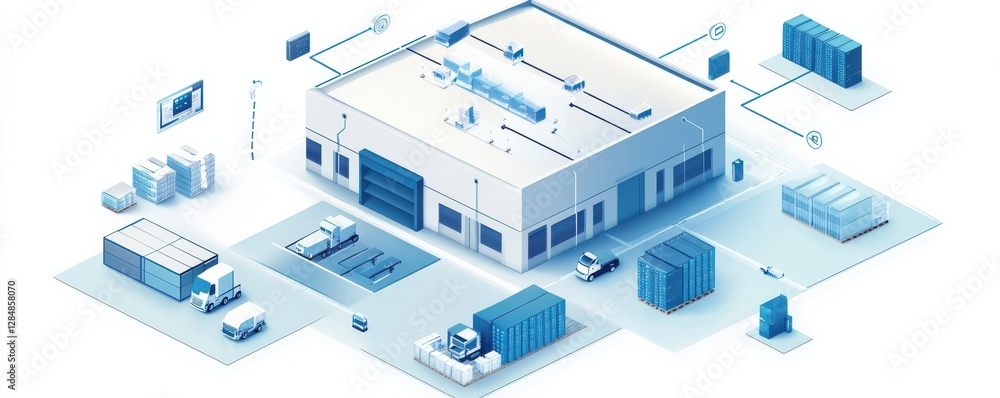 Futuristic warehouse automation and logistics system with drones and trucks Futuristic warehouse automation and logistics system with drones and trucks