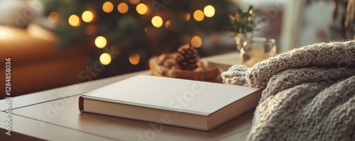 Cozy living room scene with book on table and warm lighting during winter holidays