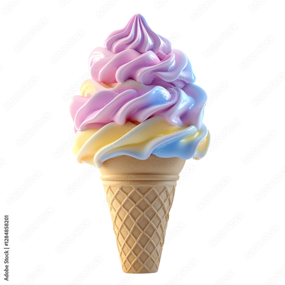 Fluffy 3D Cartoon Ice Cream Cone with Glowing Pastel Colors Isolated on Transparent Background Fluffy 3D Cartoon Ice Cream Cone with Glowing Pastel Colors Isolated on Transparent Background