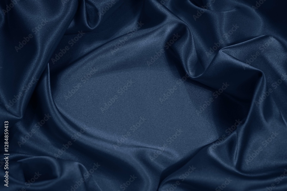 Black dark blue silk satin fabric backdrop. Product space. Drapery. Show mockup presentation fashion show podium display . Beauty luxury festive cosmetics perfume decoration gift. Design.
