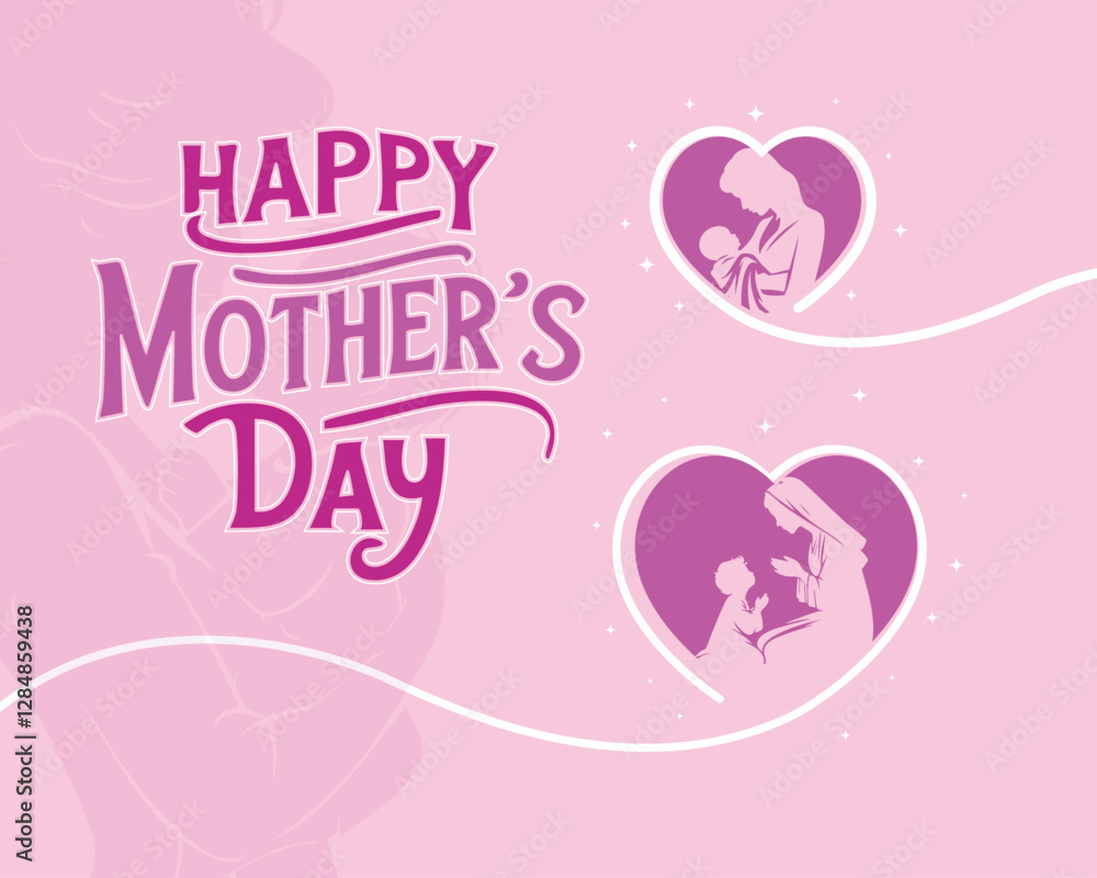 Charming Mother's Day illustration with mother and child silhouettes inside heart shapes. Soft pink background with elegant typography, perfect for greeting cards and social media Charming Mother's Day illustration with mother and child silhouettes inside heart shapes. Soft pink background with elegant typography, perfect for greeting cards and social media