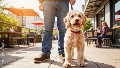 Happy dog walking with owner in urban outdoor café setting
