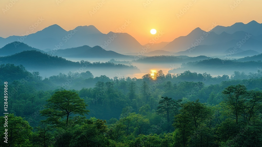 Fototapeta premium Sunrise over misty mountains and forests