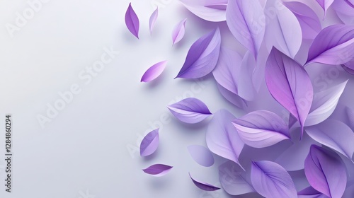 abstract plant-inspired illustrated 3d shapes, purple leaves, purple petals, white background, for decoration in documents and presentations