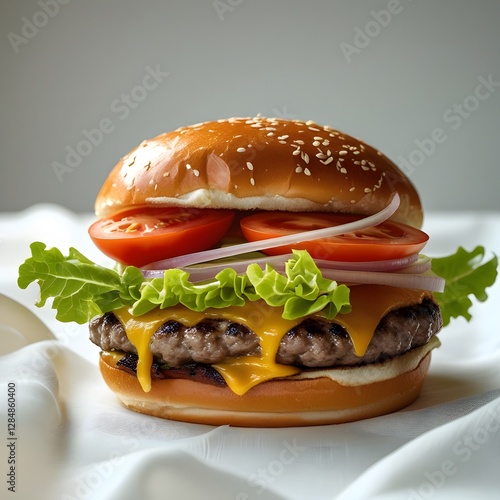a juicy hamburger, ripe with vibrant red tomatoes, crunchy lettuce, melted golden yellow cheese, and thinly sliced onions, placed on a crisp white tablecloth, lit with soft, natural light, and devoid 